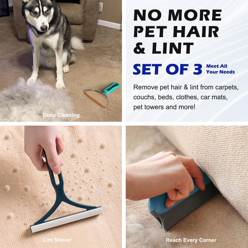 Dog Cat Hair Remover, Pet Hair Remover Tool Set - 3-Pack Professional Lint Roller Alternative | Remove Dog Cat Hair from Furniture, Carpets, Clothes | Reusable Fabric Shaver for Pet Parents