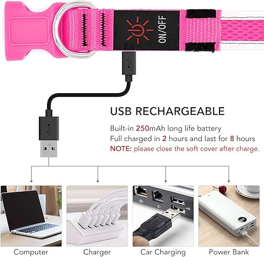 LED Dog Collar Rechargeable - Light Up Safety Collar for Night Walking | Waterproof Glowing Dog Collar with Adjustable Nylon Strap | Visible from 500ft for Small Medium Large Dogs