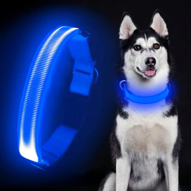 LED Dog Collar Rechargeable - Light Up Safety Collar for Night Walking | Waterproof Glowing Dog Collar with Adjustable Nylon Strap | Visible from 500ft for Small Medium Large Dogs