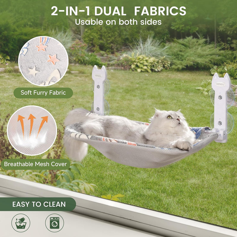 Cat Window Perch, Glow in the Dark Foldable Cat Hammock with Sunken Design & Removable Soft Cover, Breathable Cordless Window Bed for Resting Indoor Kitten (Grey, 1 Pack - M)
