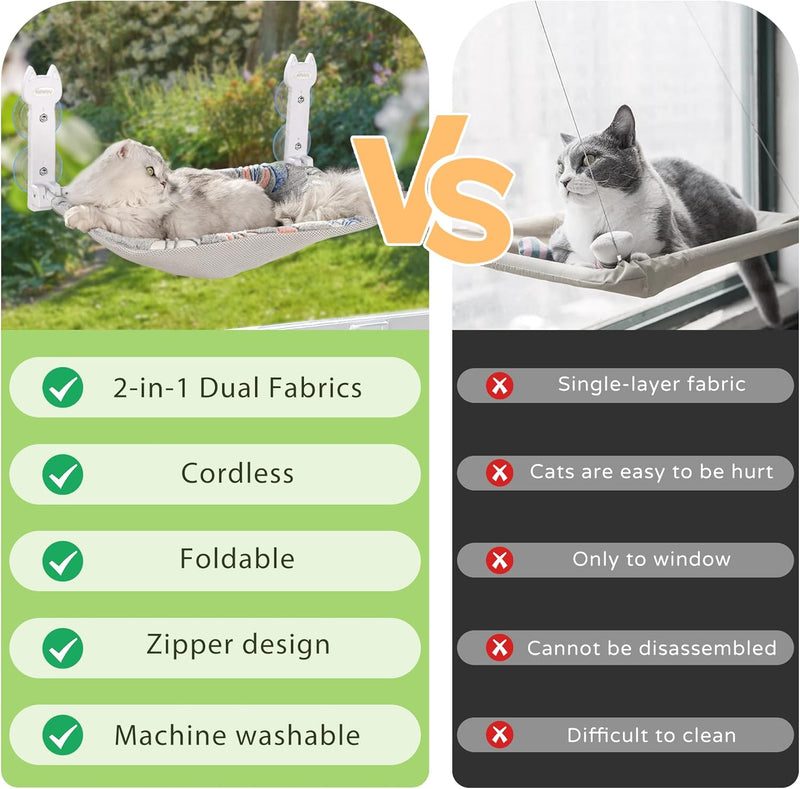 Cat Window Perch, Glow in the Dark Foldable Cat Hammock with Sunken Design & Removable Soft Cover, Breathable Cordless Window Bed for Resting Indoor Kitten (Grey, 1 Pack - M)