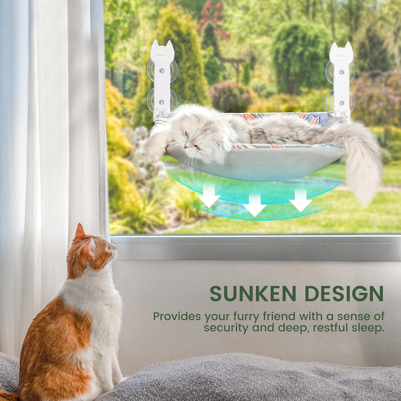 Cat Window Perch, Glow in the Dark Foldable Cat Hammock with Sunken Design & Removable Soft Cover, Breathable Cordless Window Bed for Resting Indoor Kitten (Grey, 1 Pack - M)