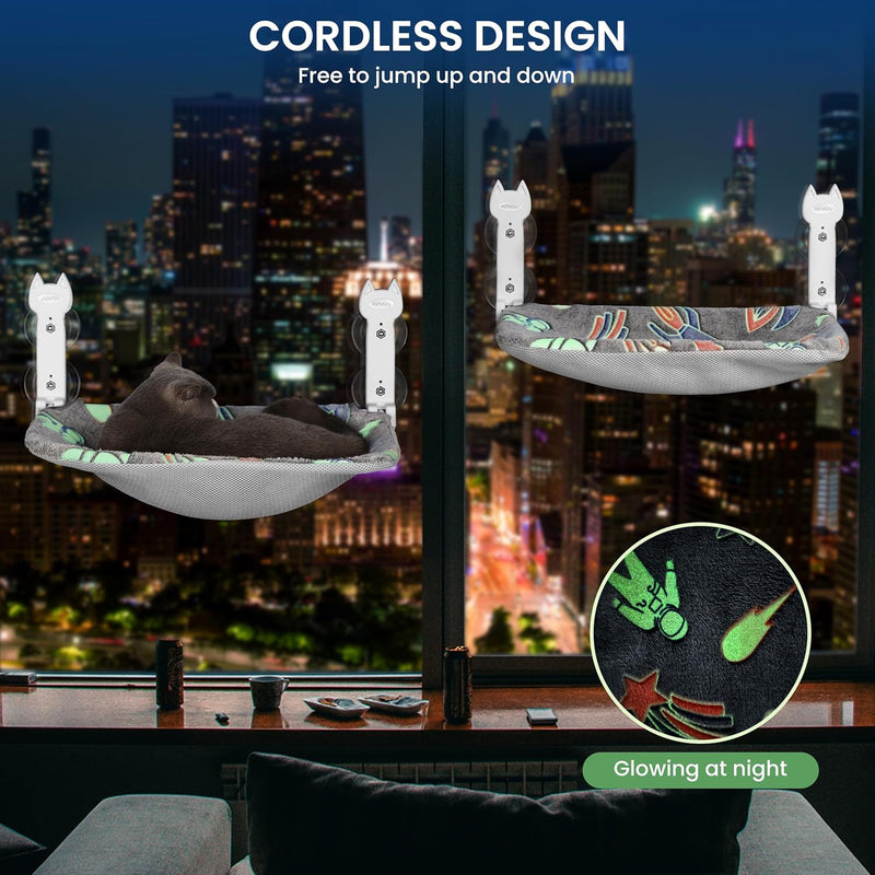 Cat Window Perch, Glow in the Dark Foldable Cat Hammock with Sunken Design & Removable Soft Cover, Breathable Cordless Window Bed for Resting Indoor Kitten (Grey, 1 Pack - M)